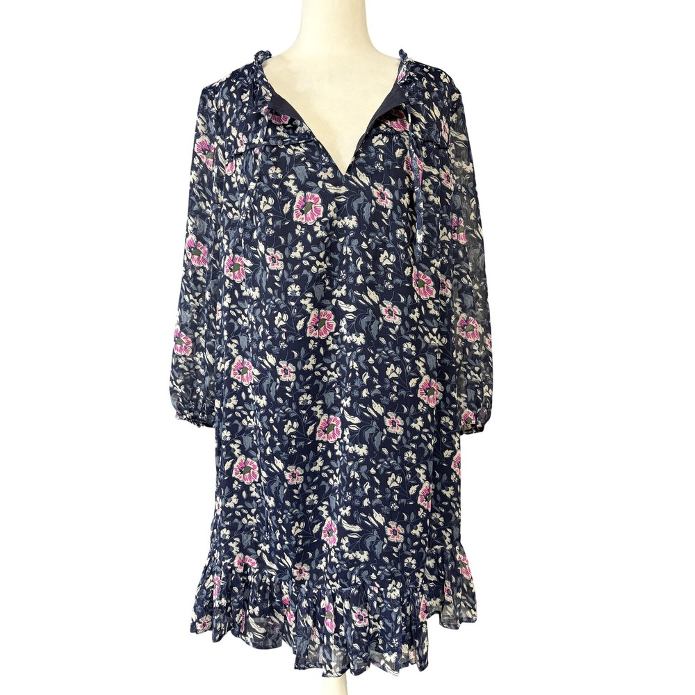 Vineyard Vines Womens Large Navy Floral Ruffle Hem‎ Lined Boho Shift Dress